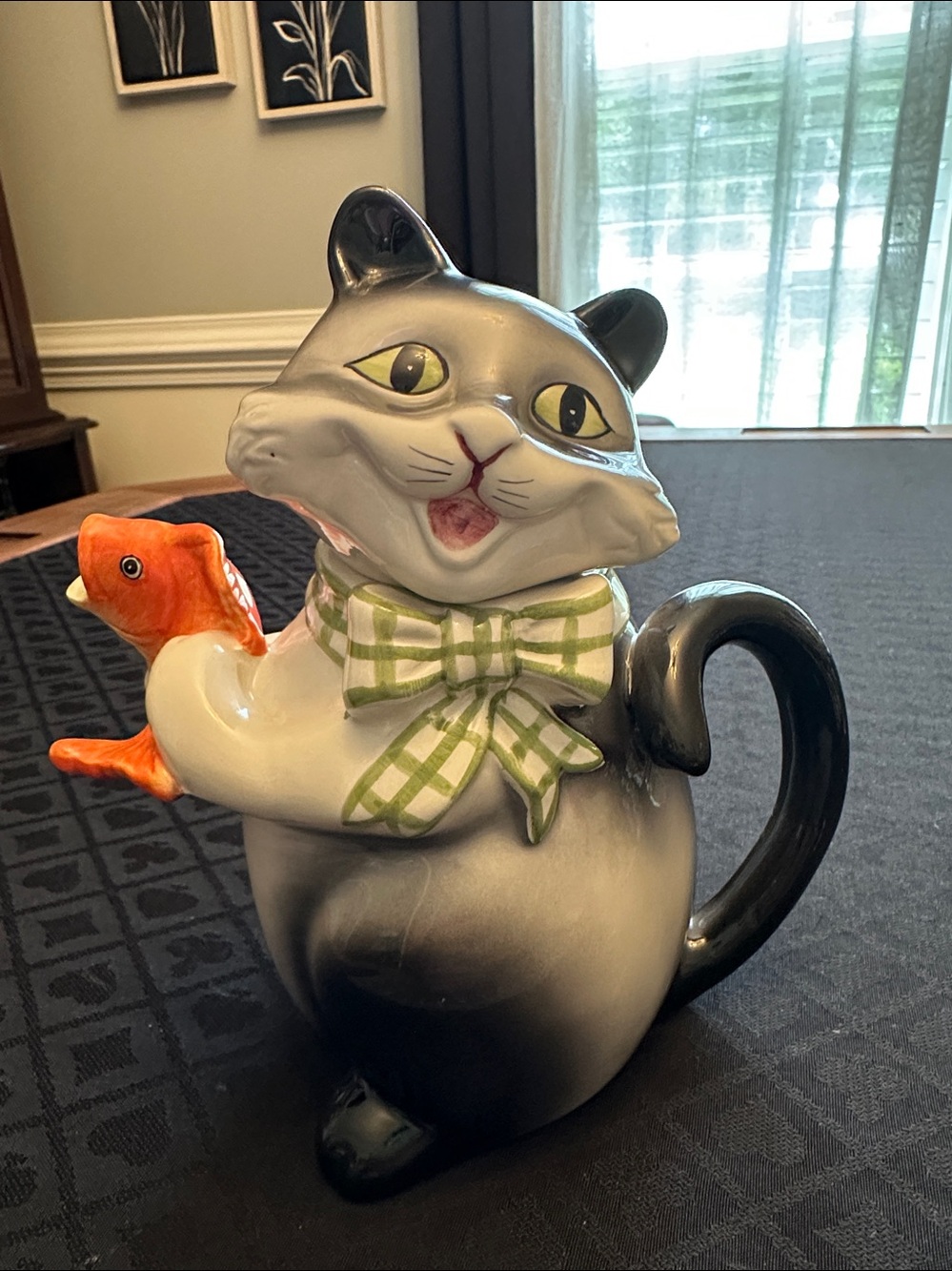 Vintage Ceramic Teapot cat holding a fish. 7” tall